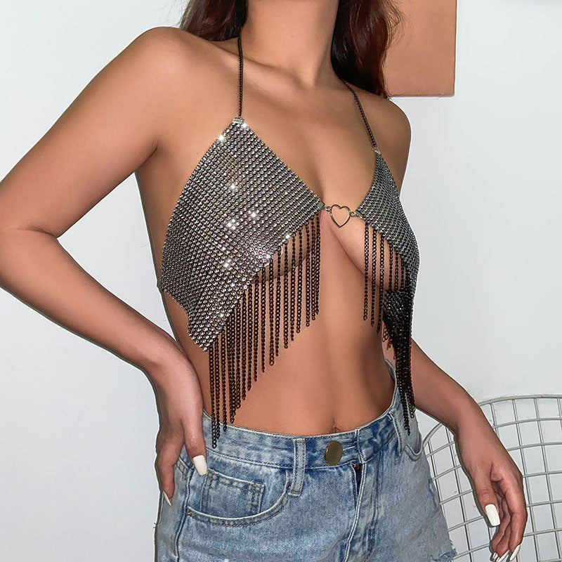 Net diamond tassel heart chest chain