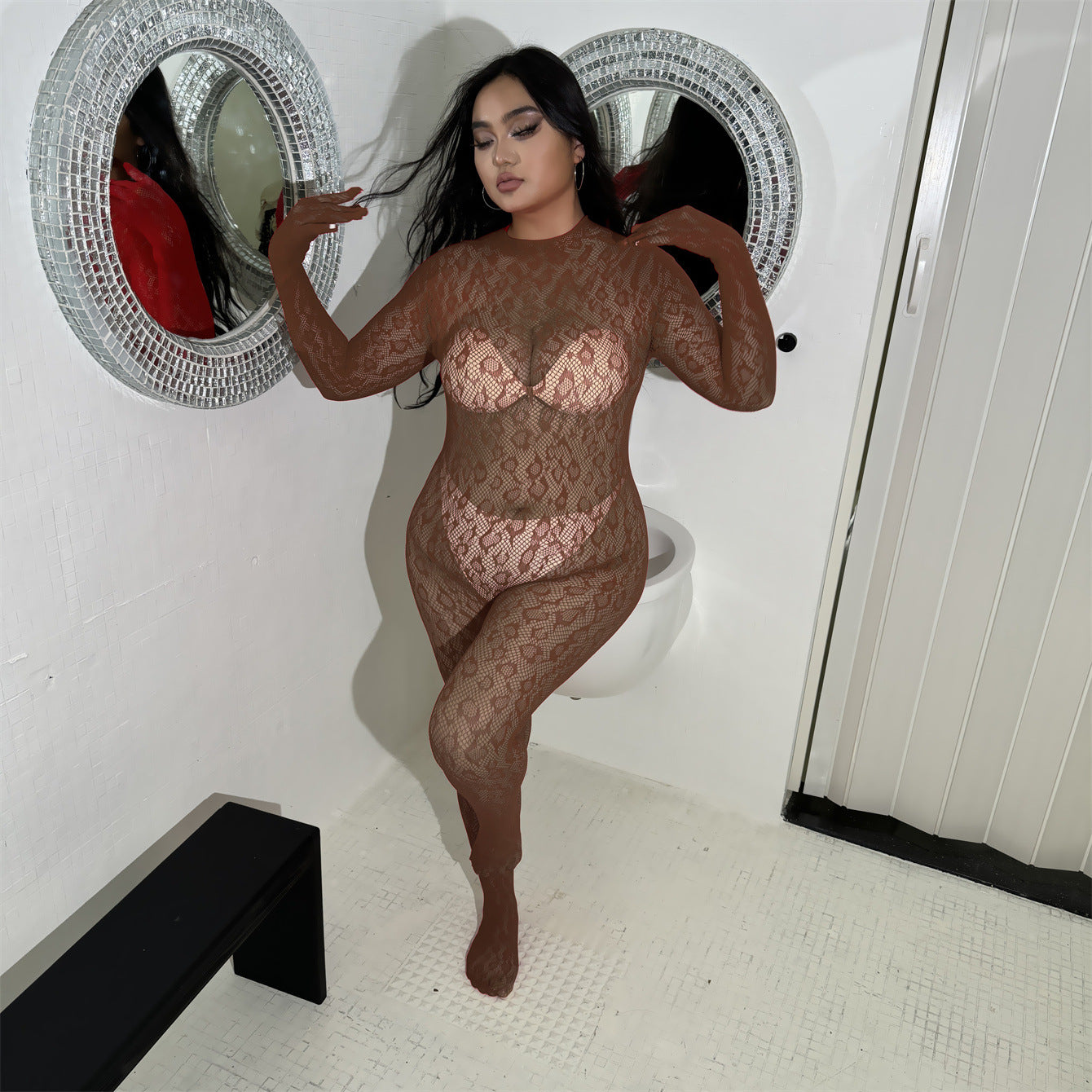 Long sleeve one piece fishnet stockings