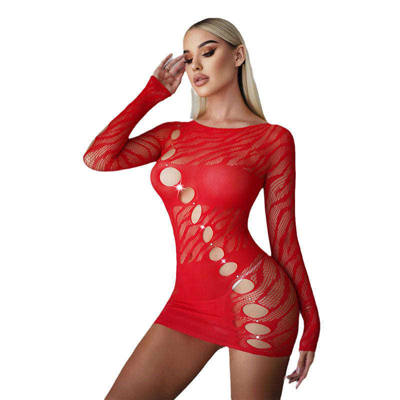 Rhinestone hollow long-sleeved dress