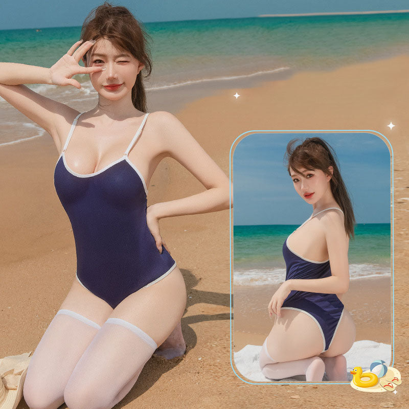 Deep U Japanese style hidden button one-piece swimsuit