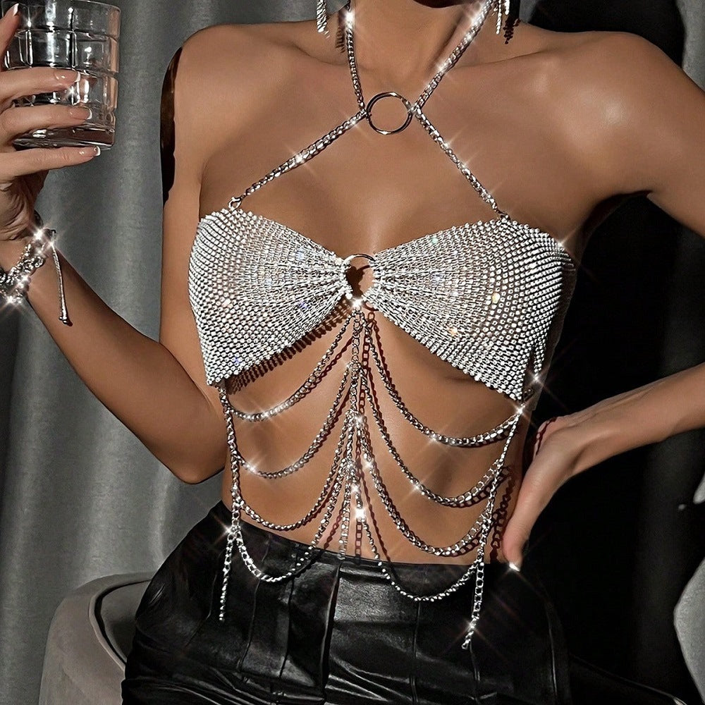 Fishnet rhinestone sexy halter top
