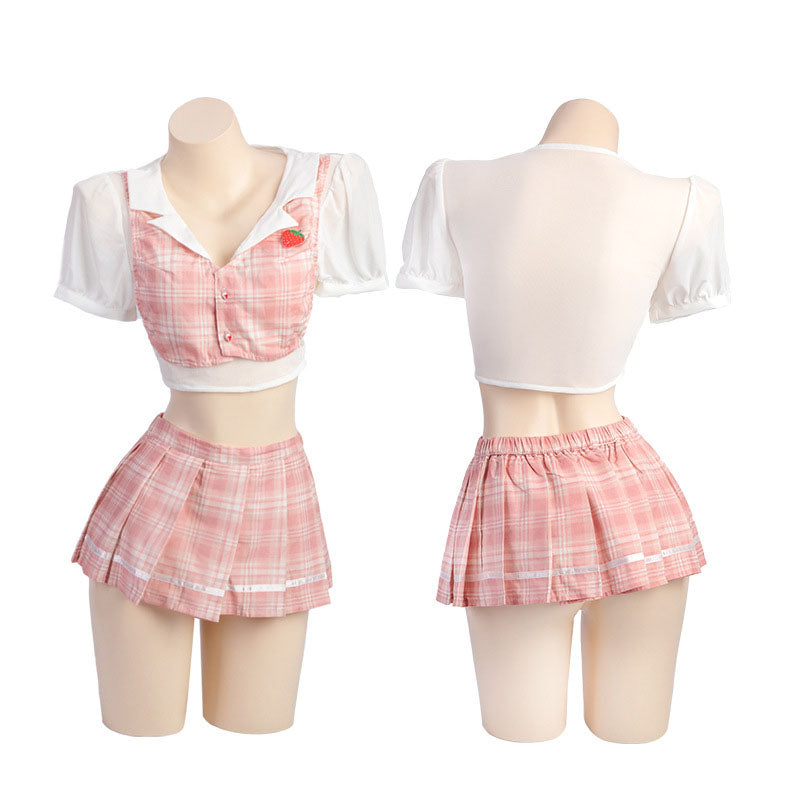 Strawberry plaid pleated skirt uniform suit