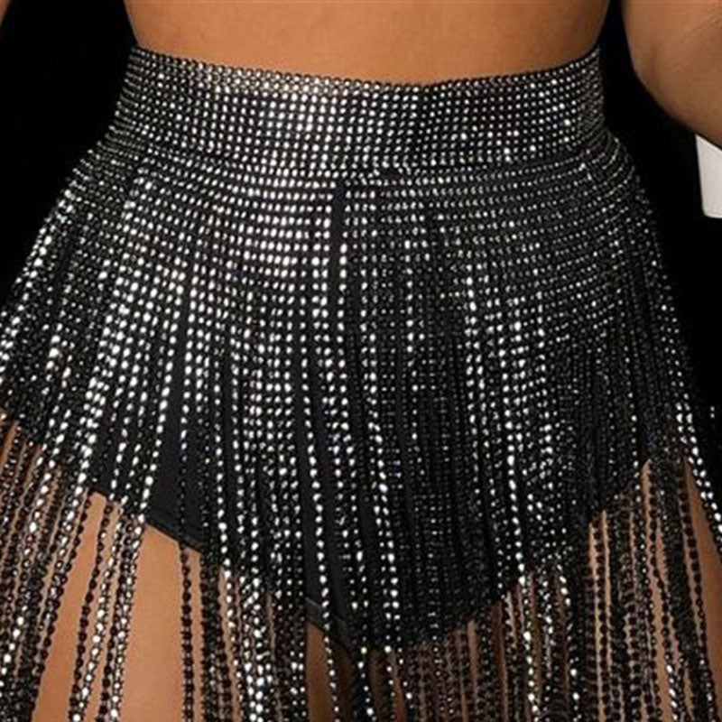 Bandeau sequined vest with tassel skirt