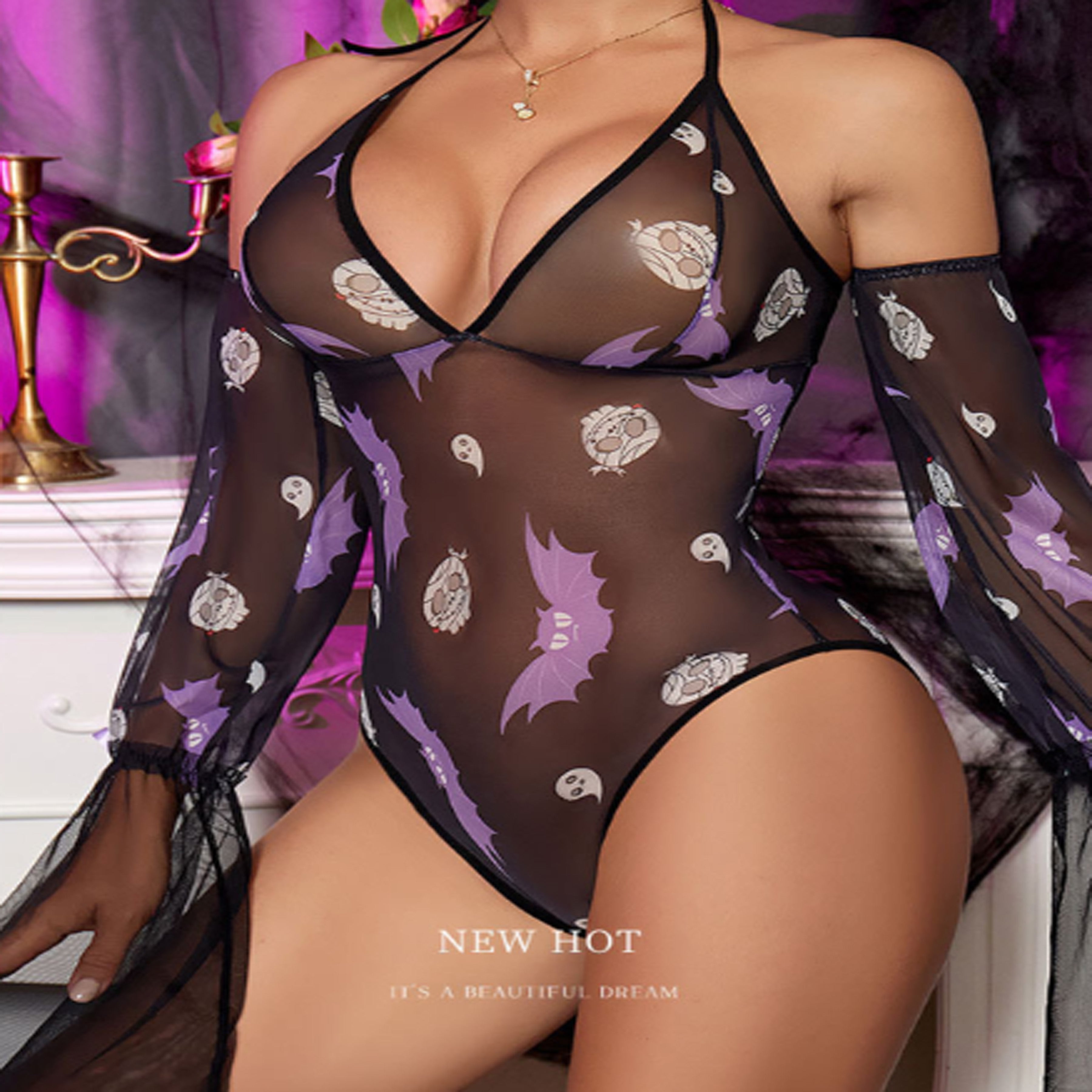 New Lace Halloween See-Through Bodysuit