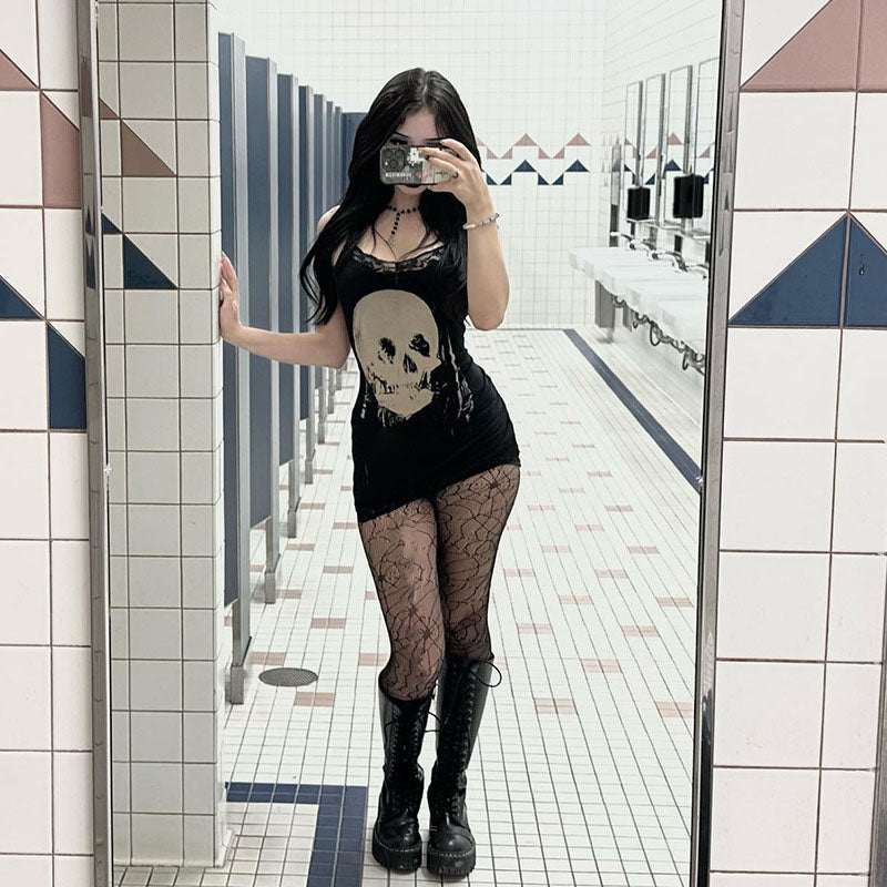 Dark style personalized skull print suspender skirt