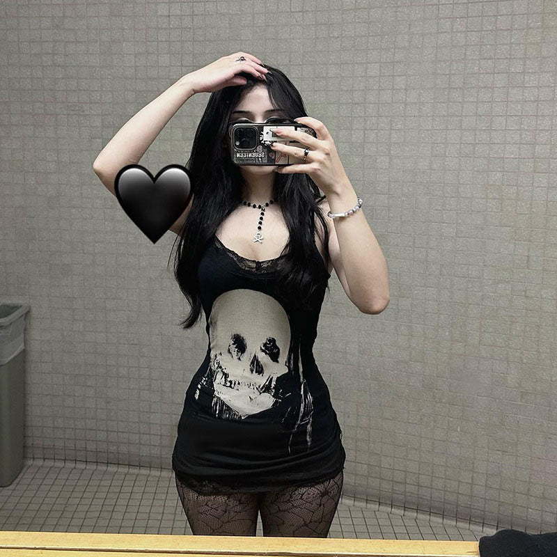 Dark style personalized skull print suspender skirt