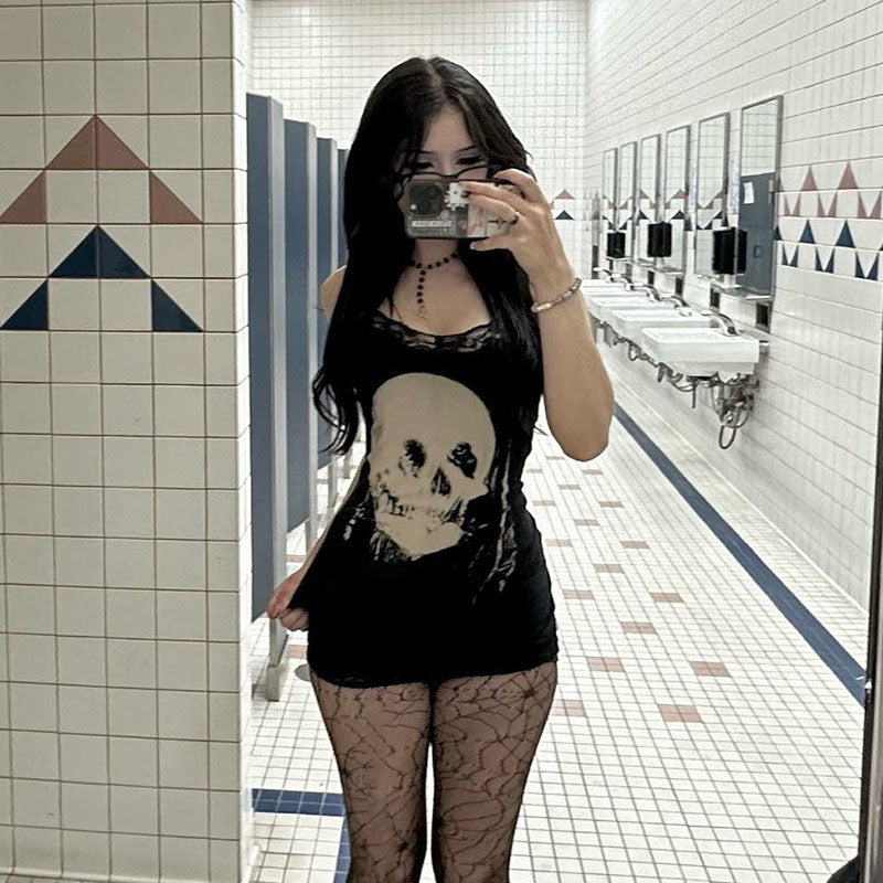 Dark style personalized skull print suspender skirt