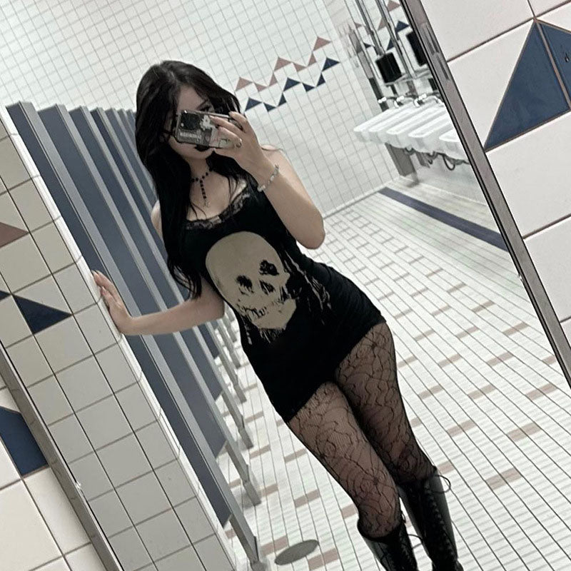 Dark style personalized skull print suspender skirt