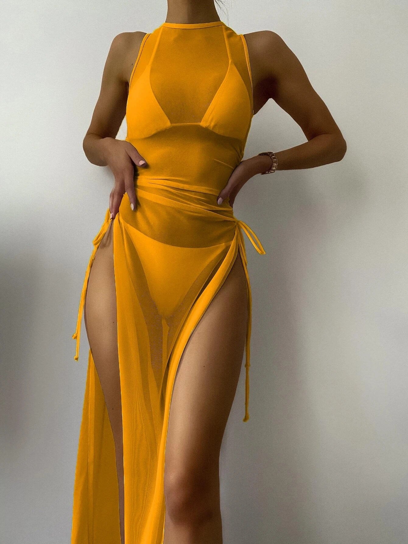 Solid-color mesh long pajamas