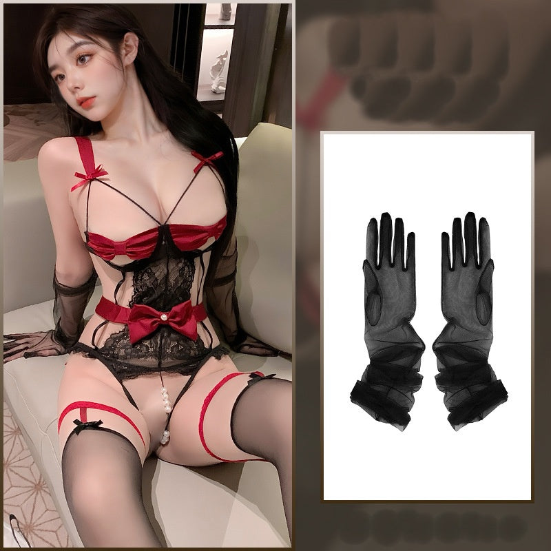 Lace halter bow pearl crotchless jumpsuit