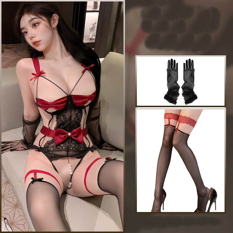 Lace halter bow pearl crotchless jumpsuit