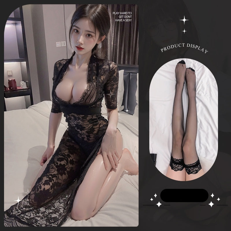 Lace see-through crotchless pajamas