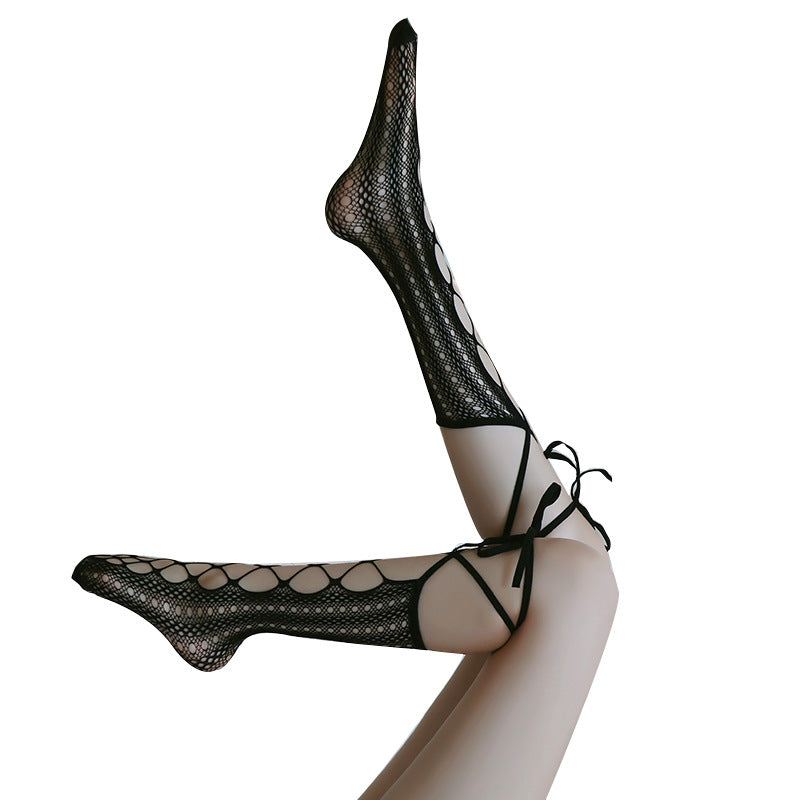 Sexy lace-up hollow fishnet stockings