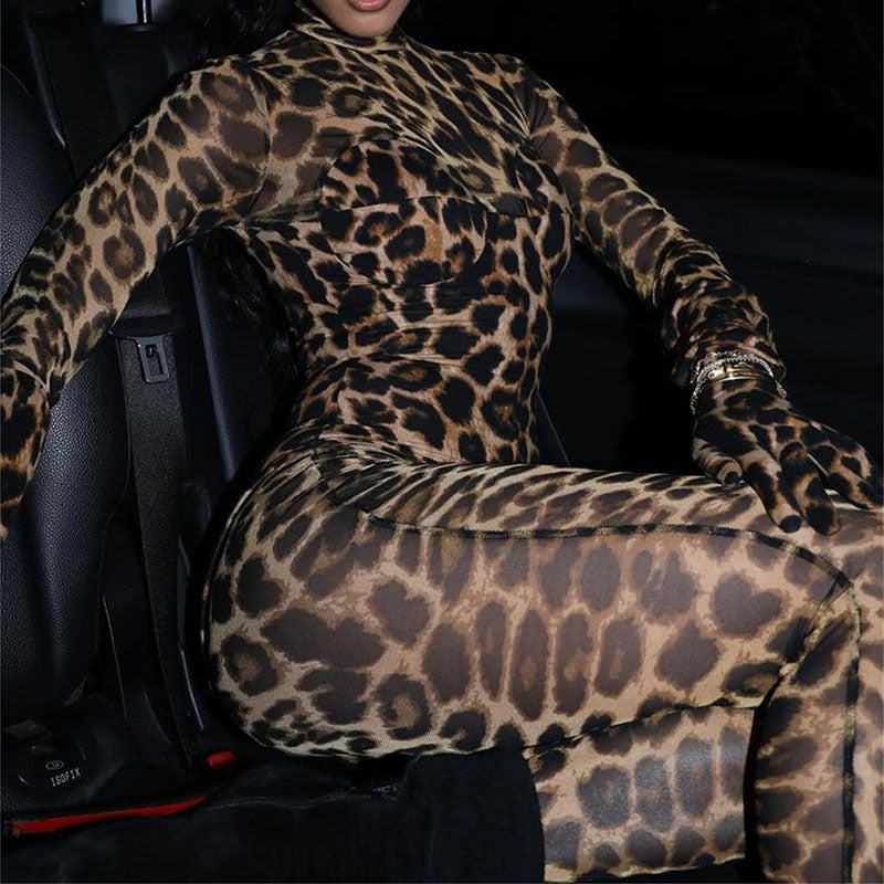 Slim sexy mesh leopard print jumpsuit