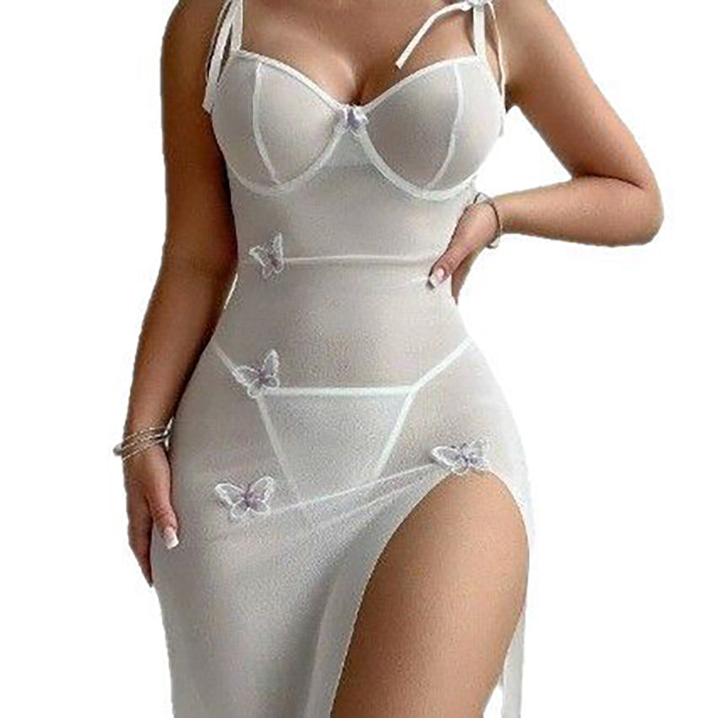 Mesh lace backless high-slit jumpsuit