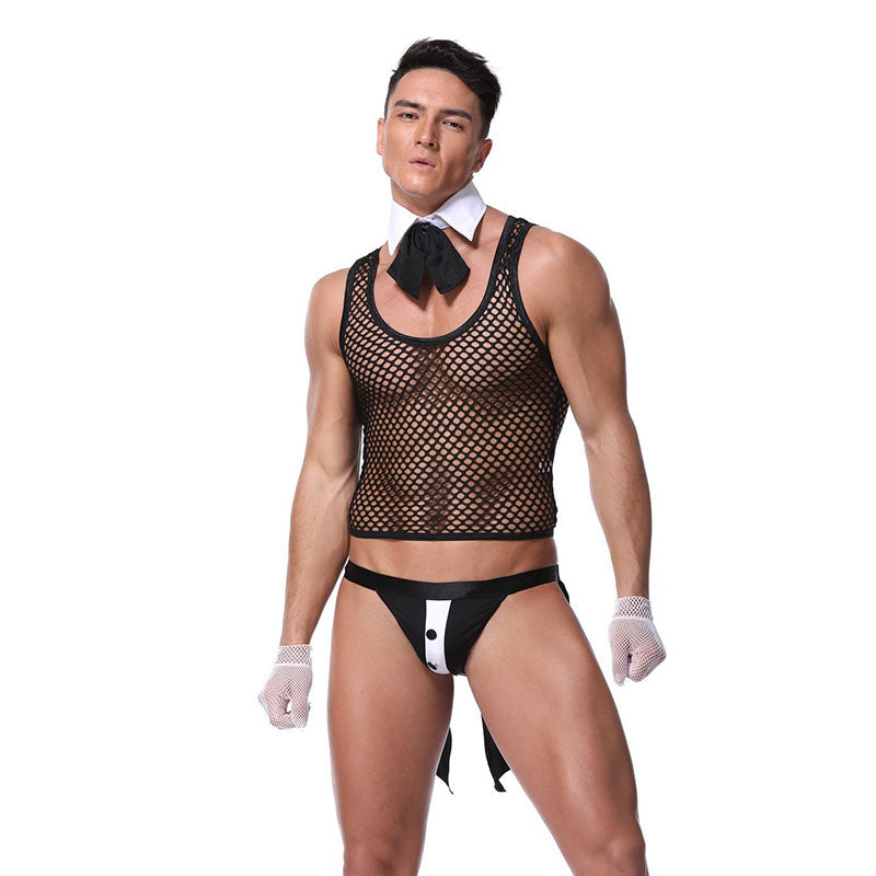 Black patent leather mesh patchwork men's uniform