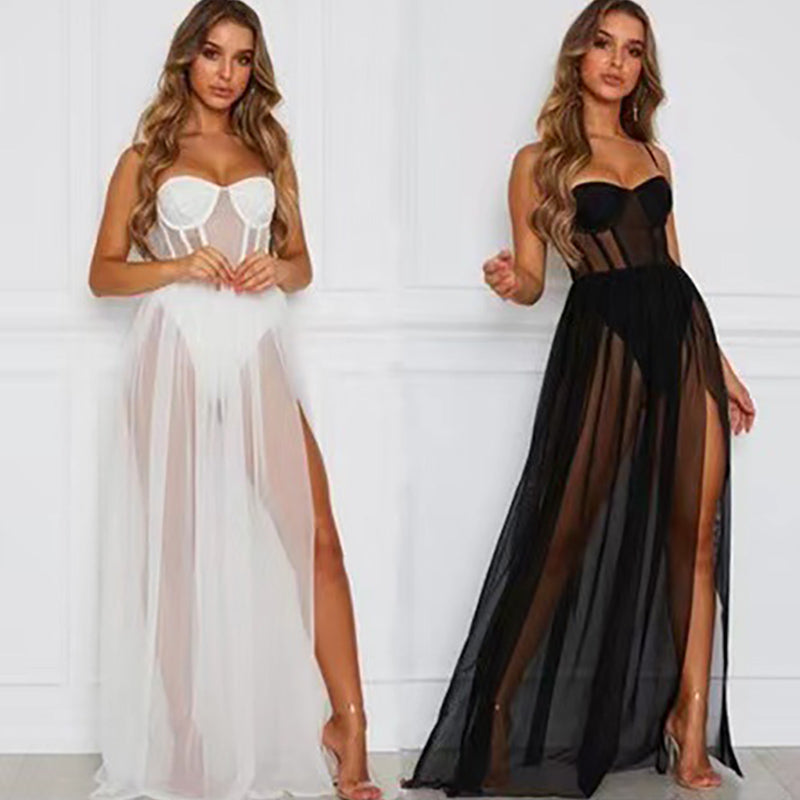 Suspender mesh long skirt