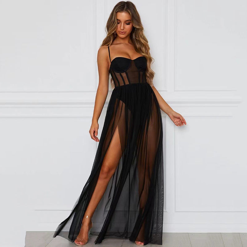 Suspender mesh long skirt