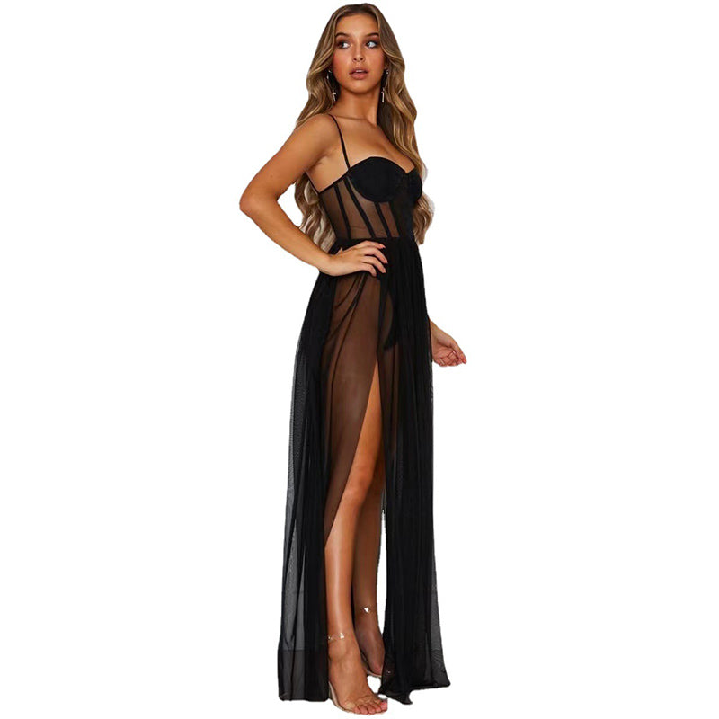 Suspender mesh long skirt