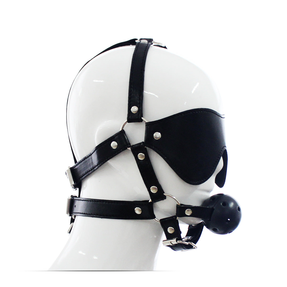 Wearing a hard ball gag with leather blindfold