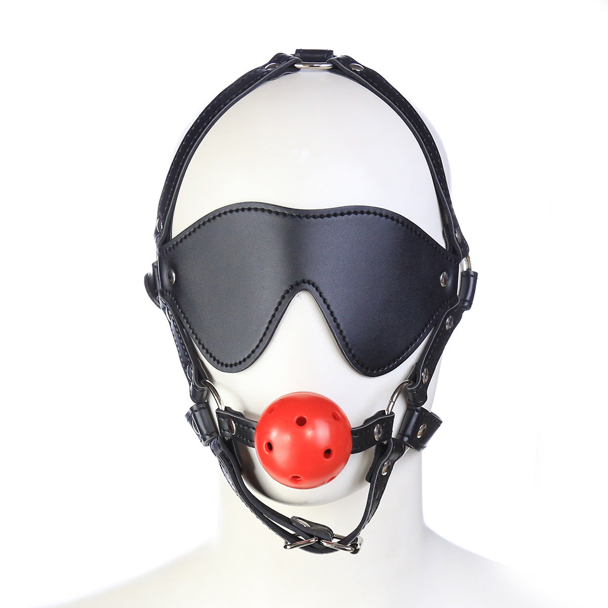 Wearing a hard ball gag with leather blindfold