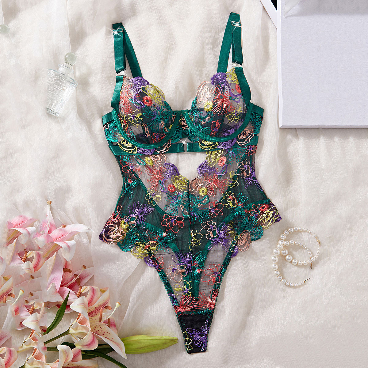 Mesh floral embroidered bodysuit