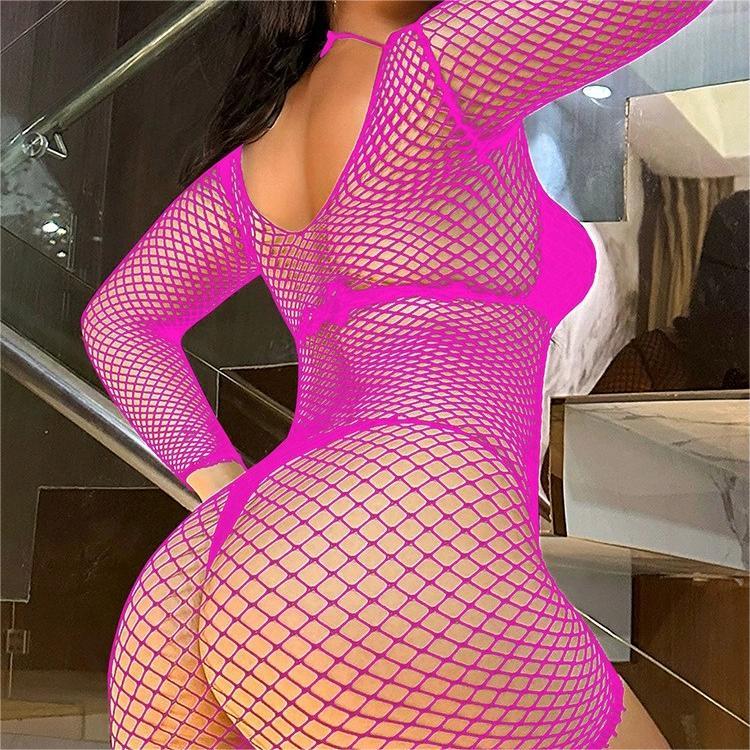Long-sleeved fishnet bodysuit pajamas hip skirt