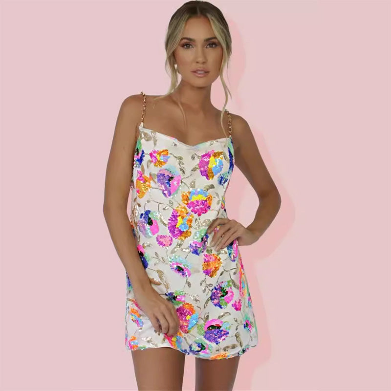 Open-back sequined floral chain dress