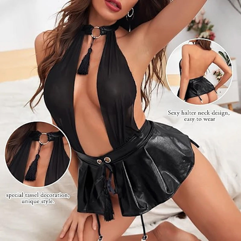 Halter neck tassel hot stamping PU skirt nightclub outfit