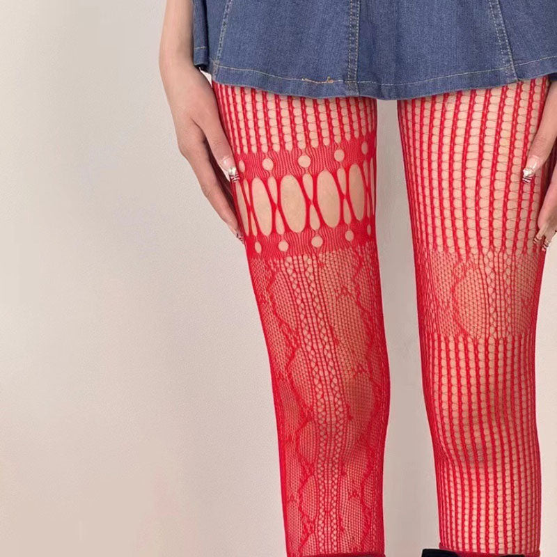 Vertical heart stitching fishnet pantyhose