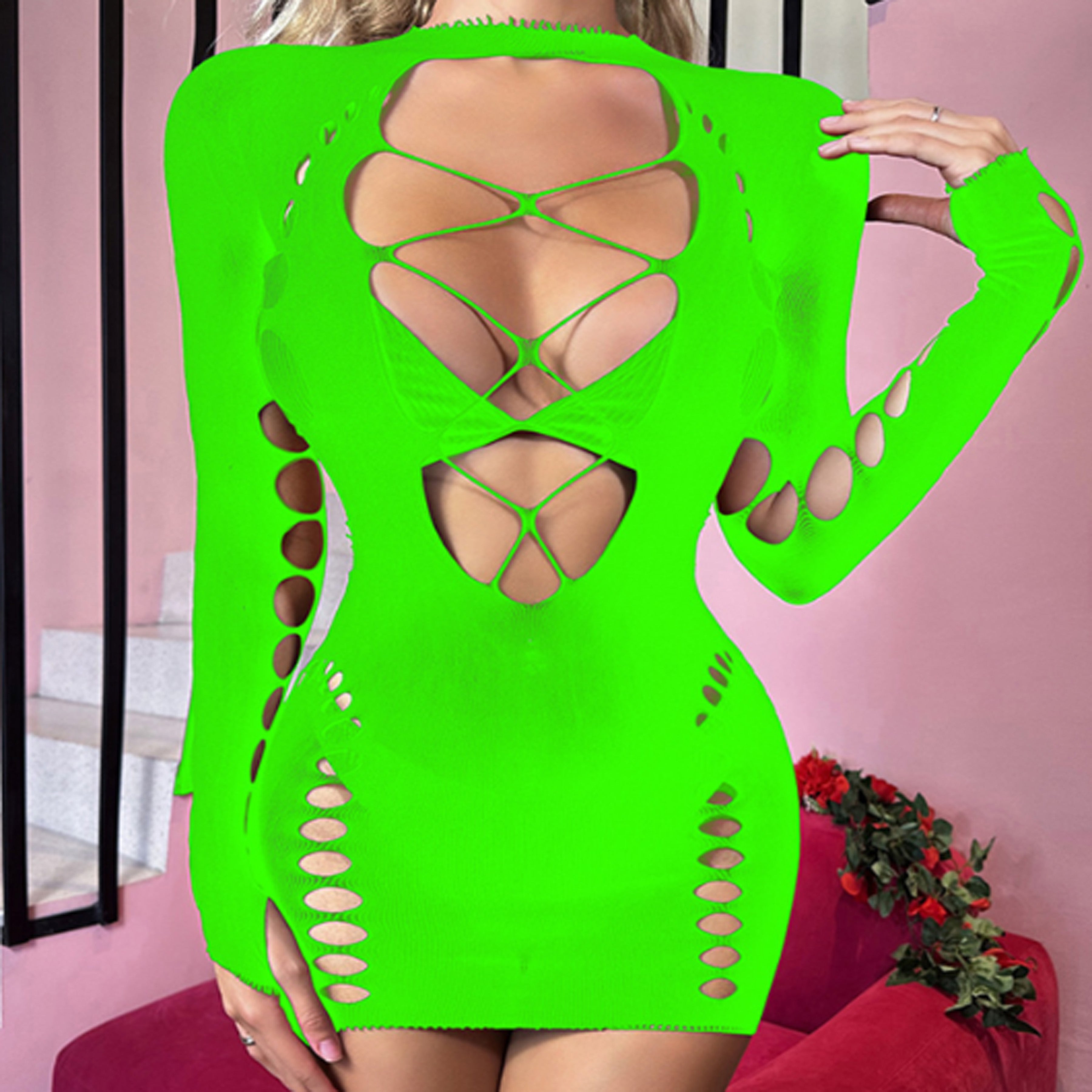 Long-sleeved fishnet bodysuit with hip skirt