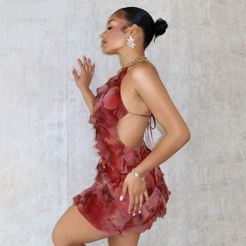 New halter neck slim ruffle dress