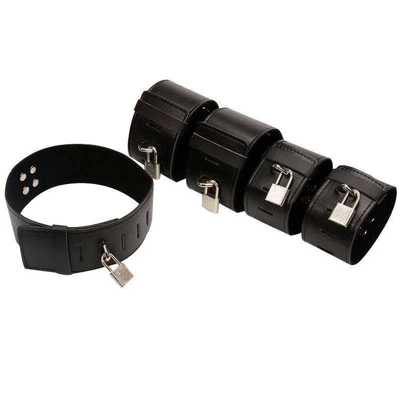 Bondage handcuffs, collar, and leg cuffs set