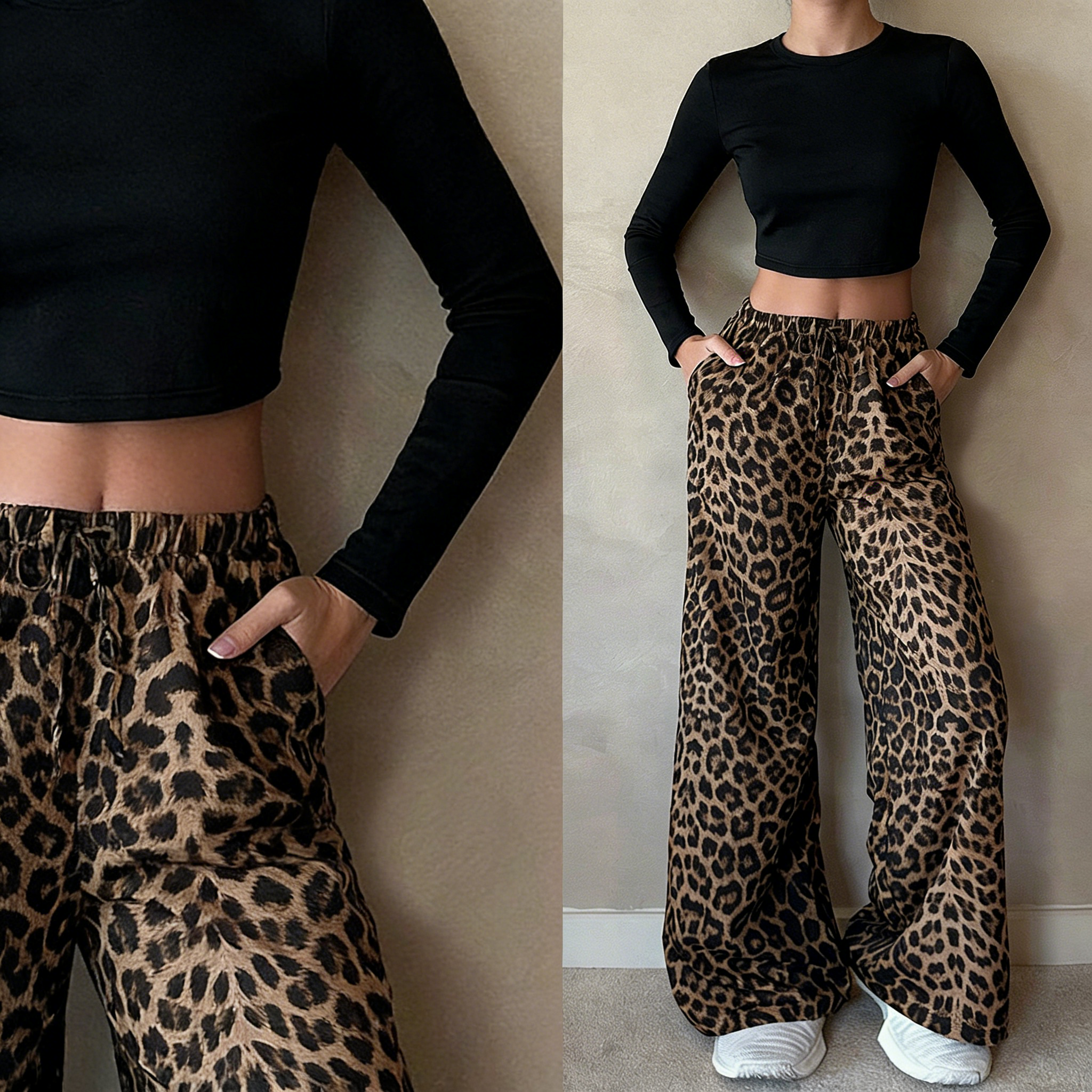 Leopard print straight wide-leg pants