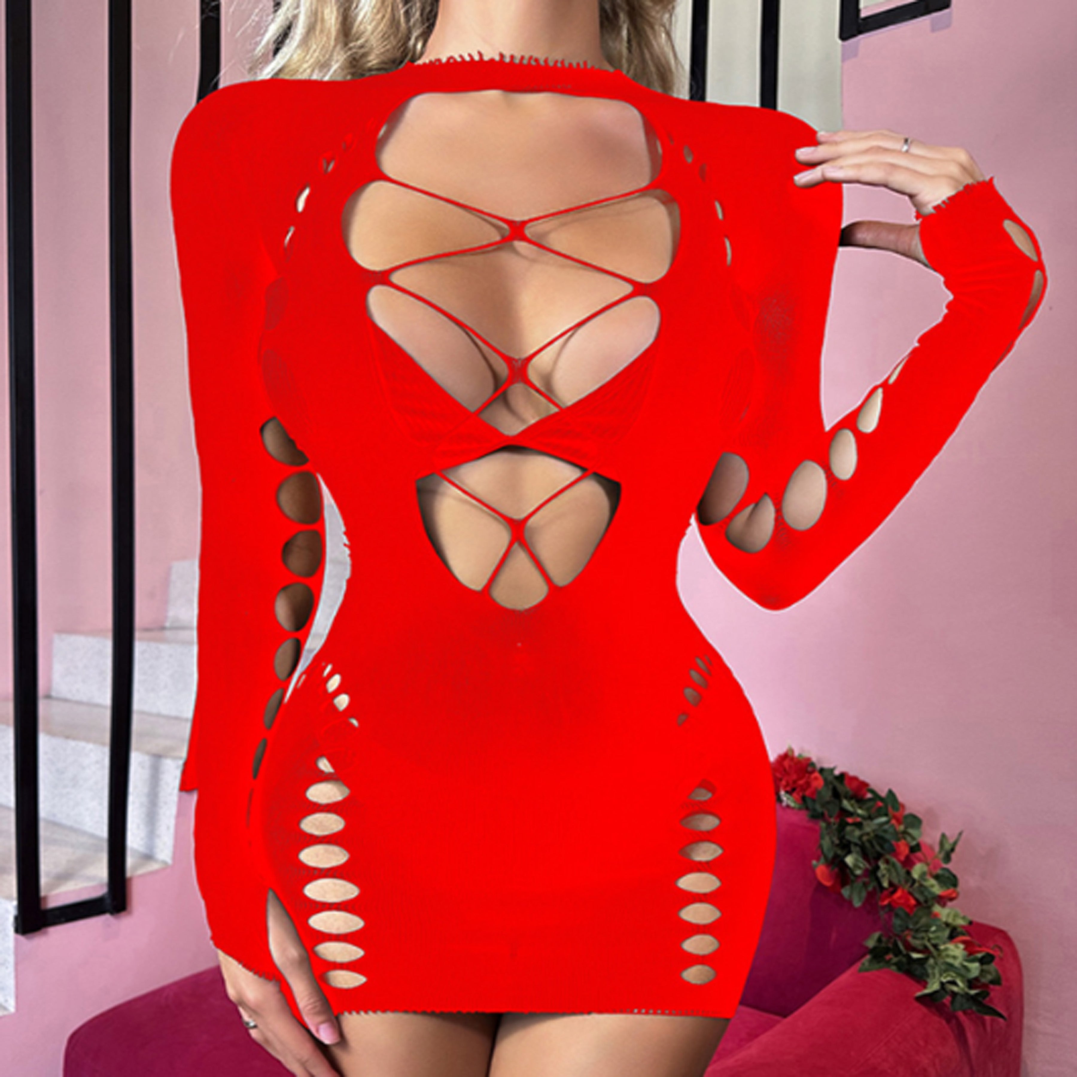 Long-sleeved fishnet bodysuit with hip skirt