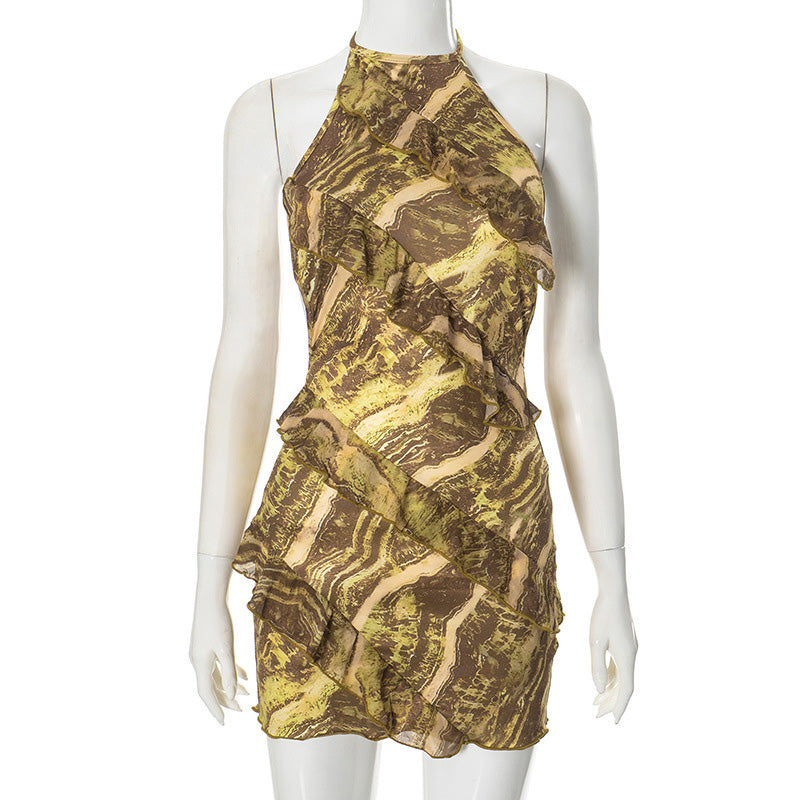 New halter neck slim ruffle dress