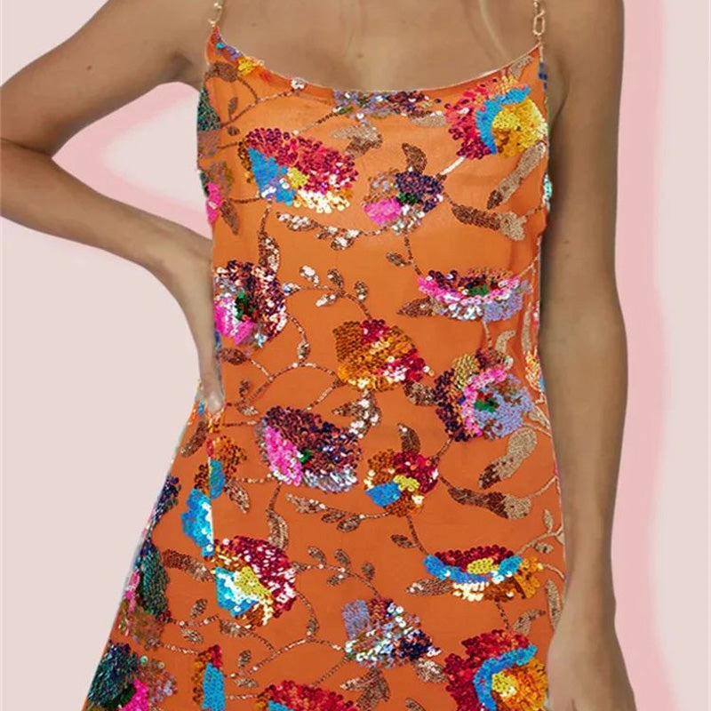 Open-back sequined floral chain dress