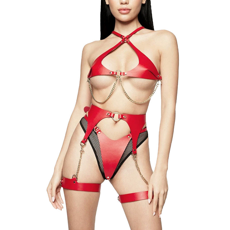 Hollow chain leather suit