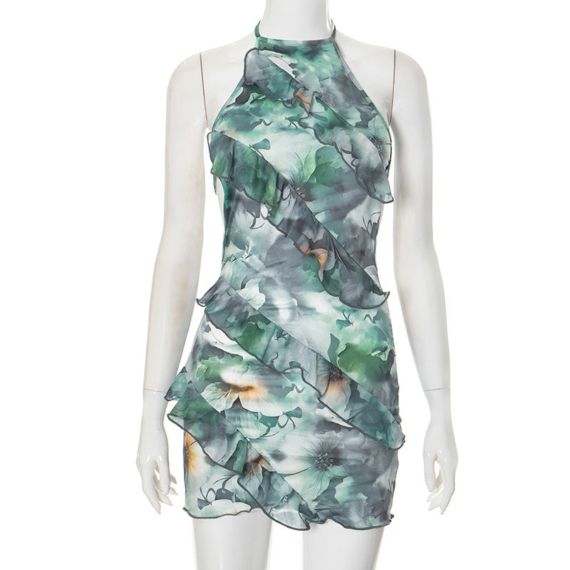 New halter neck slim ruffle dress