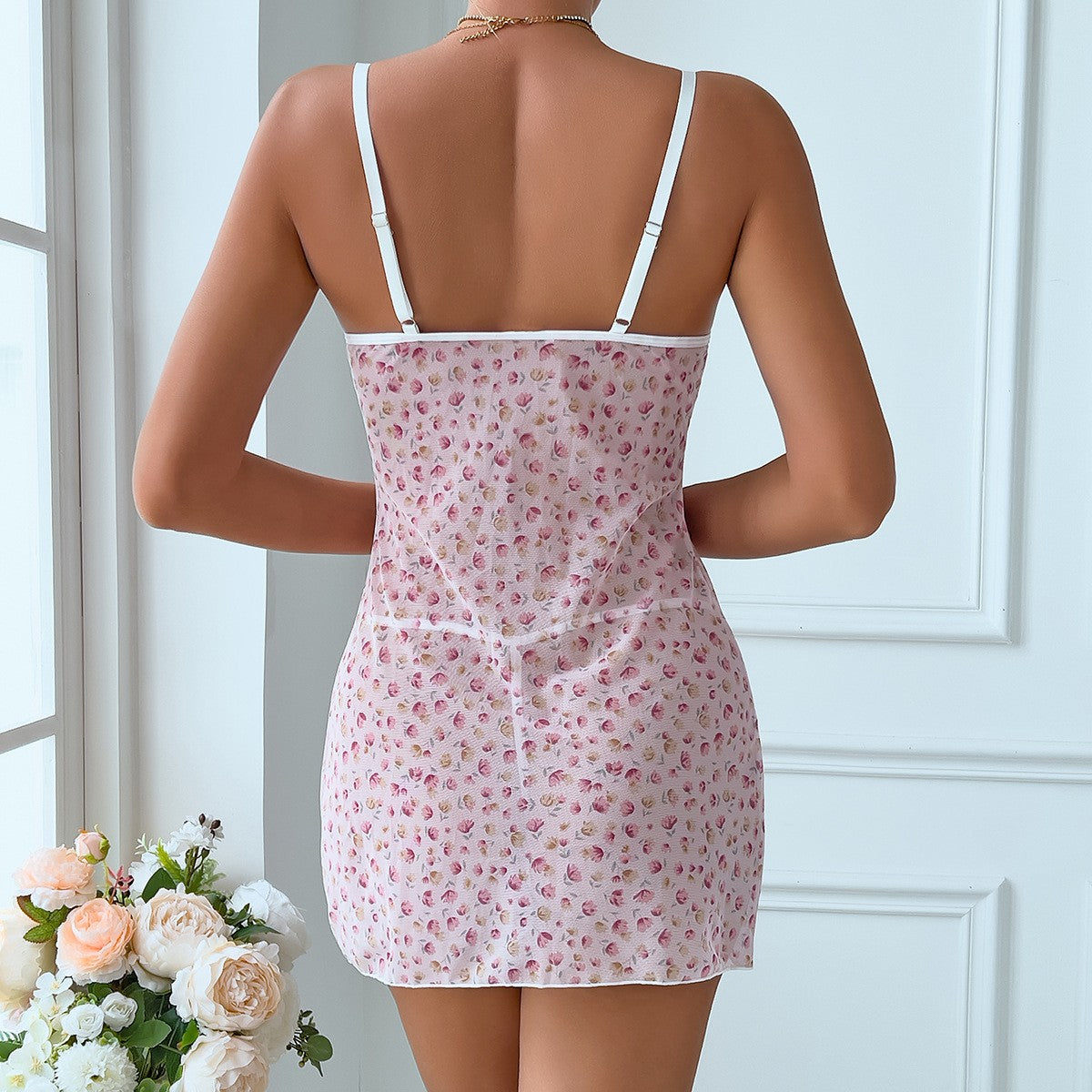 Lace and printed mesh pajama set
