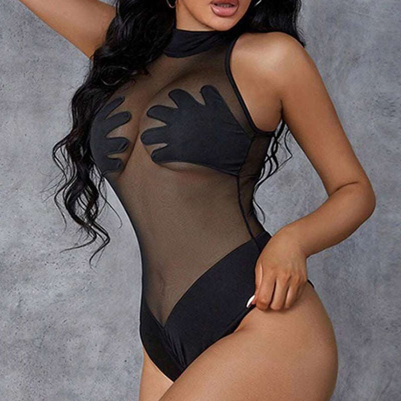 New round neck sleeveless mesh splicing jumpsuit