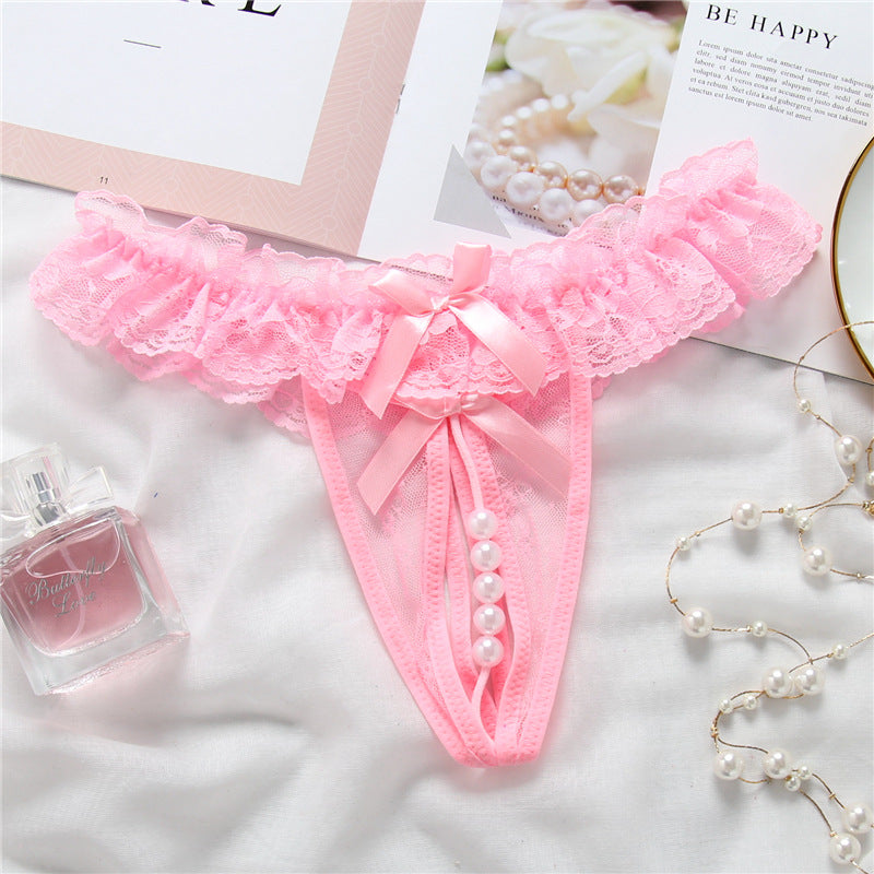 Lace bow pearl thong