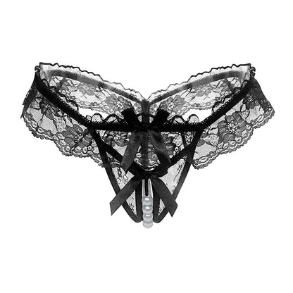 Lace bow pearl thong