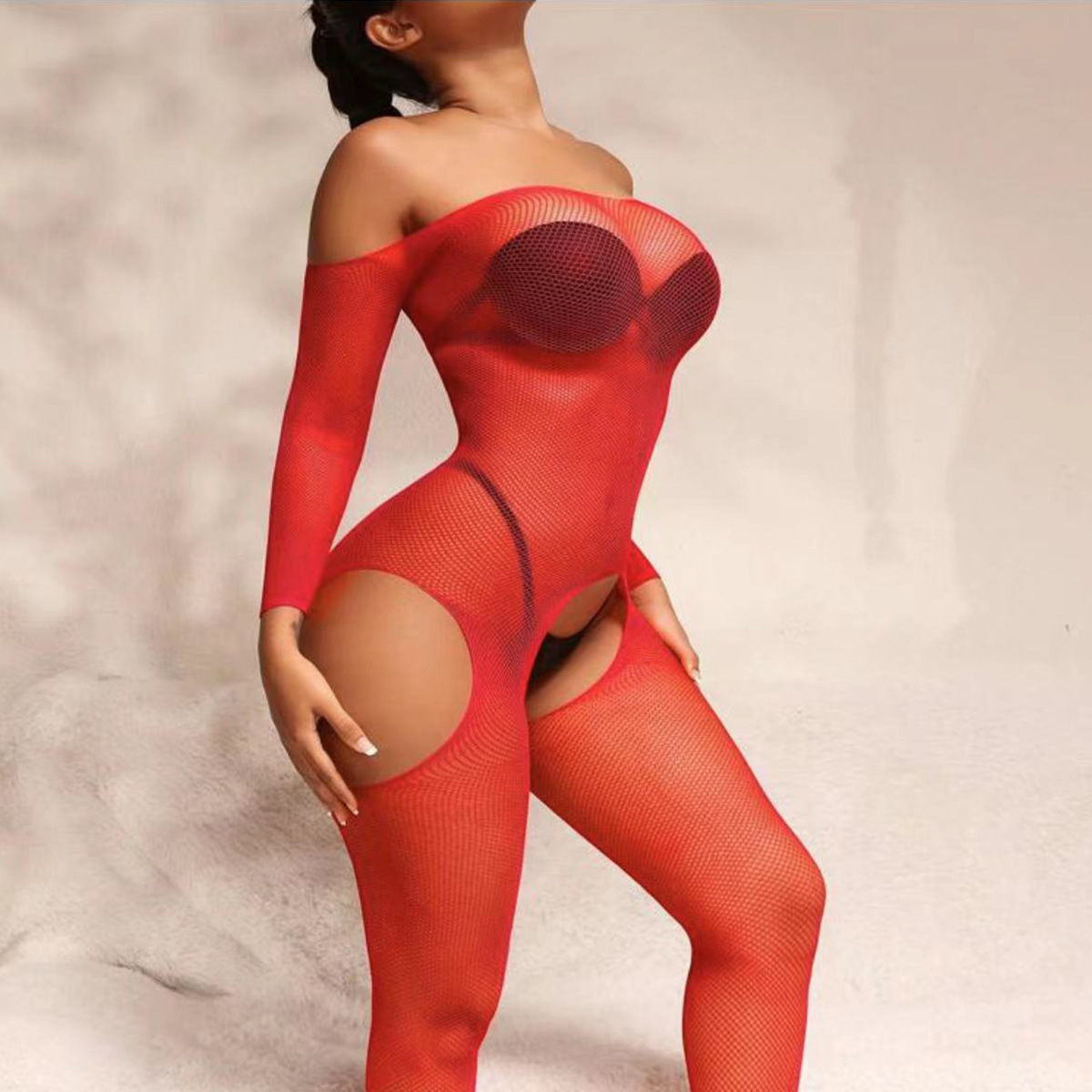 Hollow fine mesh crotch slim jumpsuit