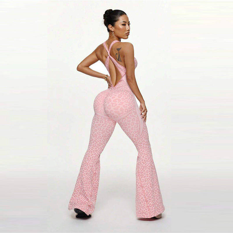 Seamless leopard print hollow back jumpsuit