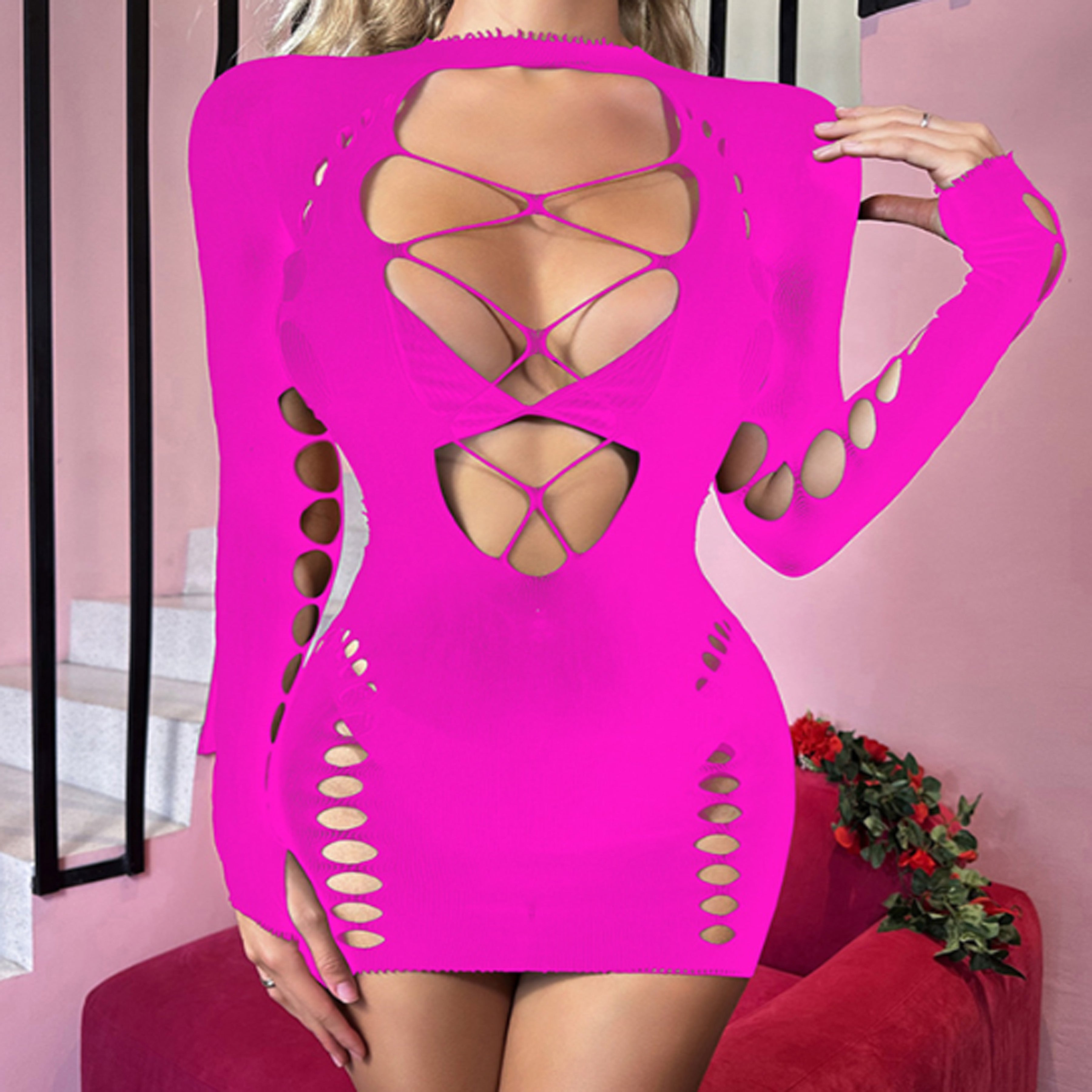 Long-sleeved fishnet bodysuit with hip skirt