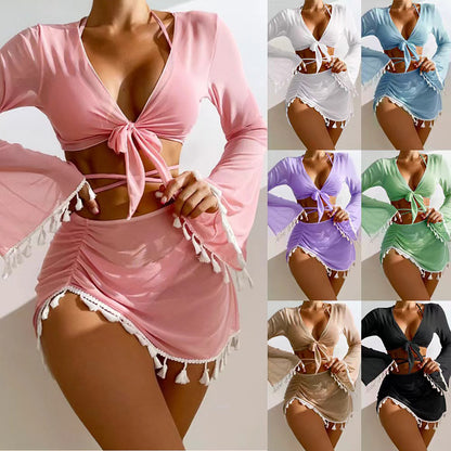 Solid color tulle tassel swimsuit