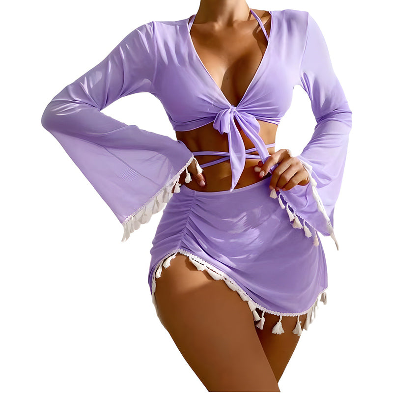 Solid color tulle tassel swimsuit