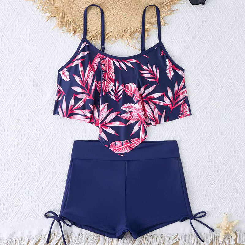 Boxer drawstring multicolor leaf bikini set