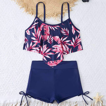 Boxer drawstring multicolor leaf bikini set